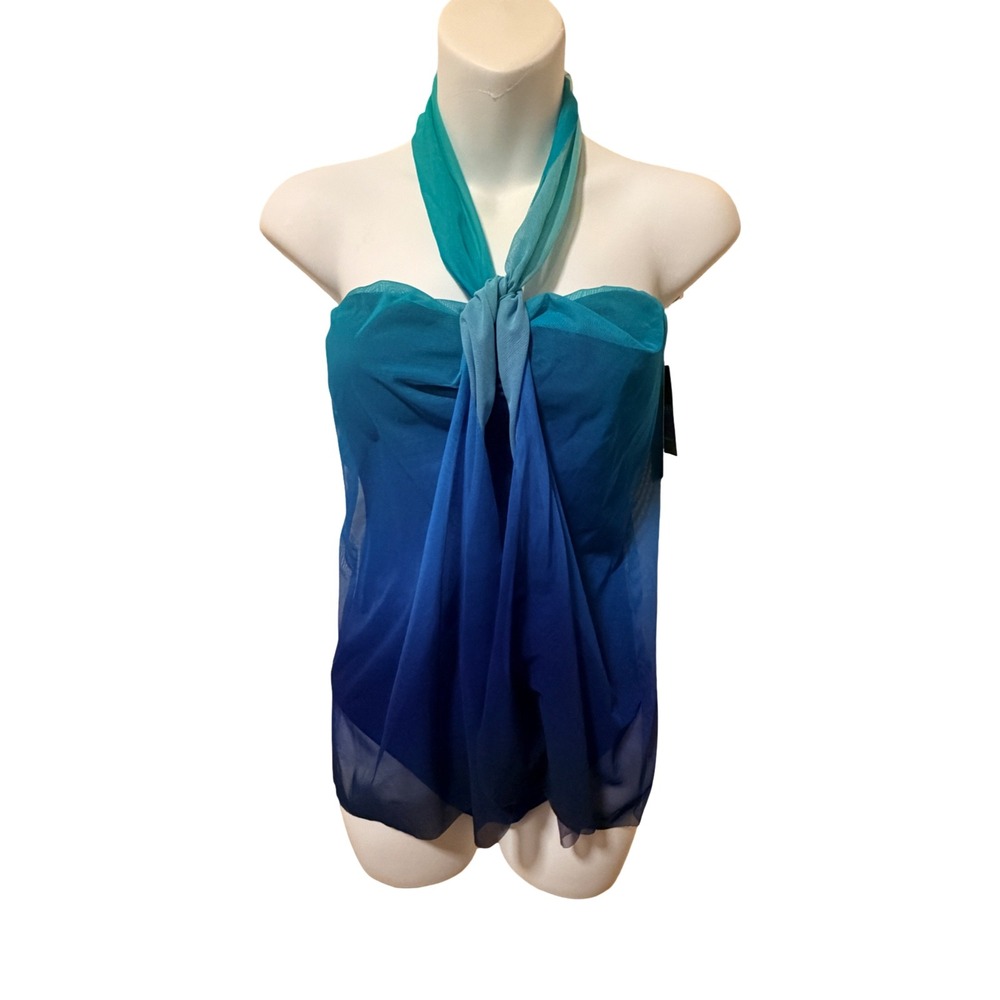 Lauren Ralph Lauren Ombre Convertible Neck Tie Swim Dress Blue Teal 4 NWT